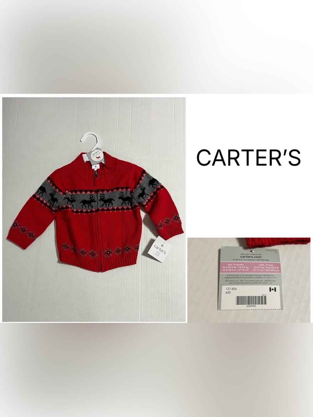 CARTER’S - 9M - NWT - INFANT BOYS RED BLACK REINDEER KNIT CARDIGAN SWEATER